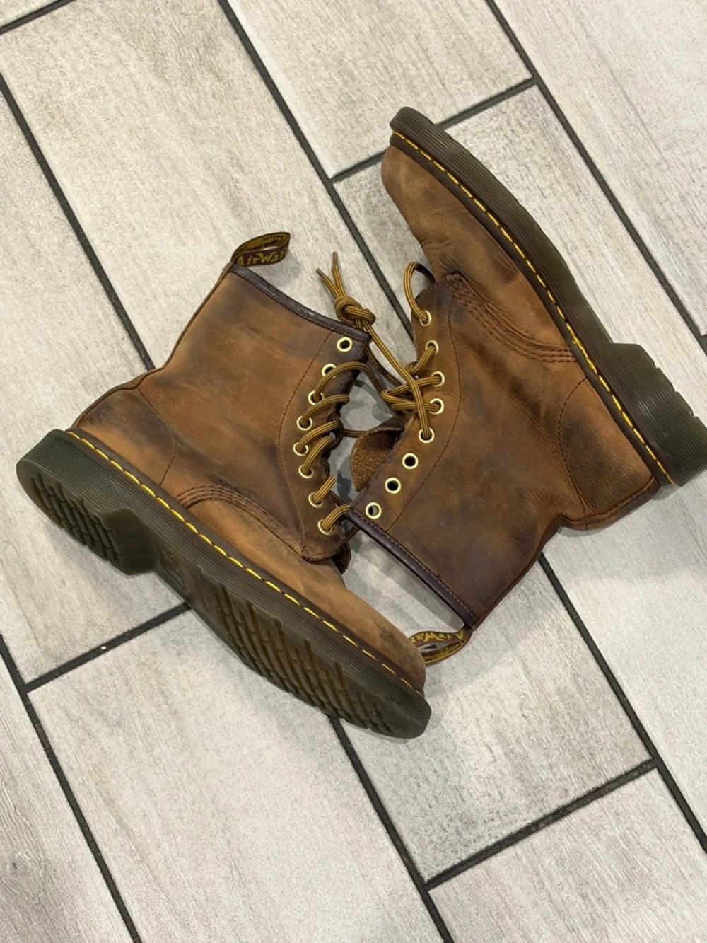 Dr MarBrown Leather Lace-Up Boots with Yellow Stitching